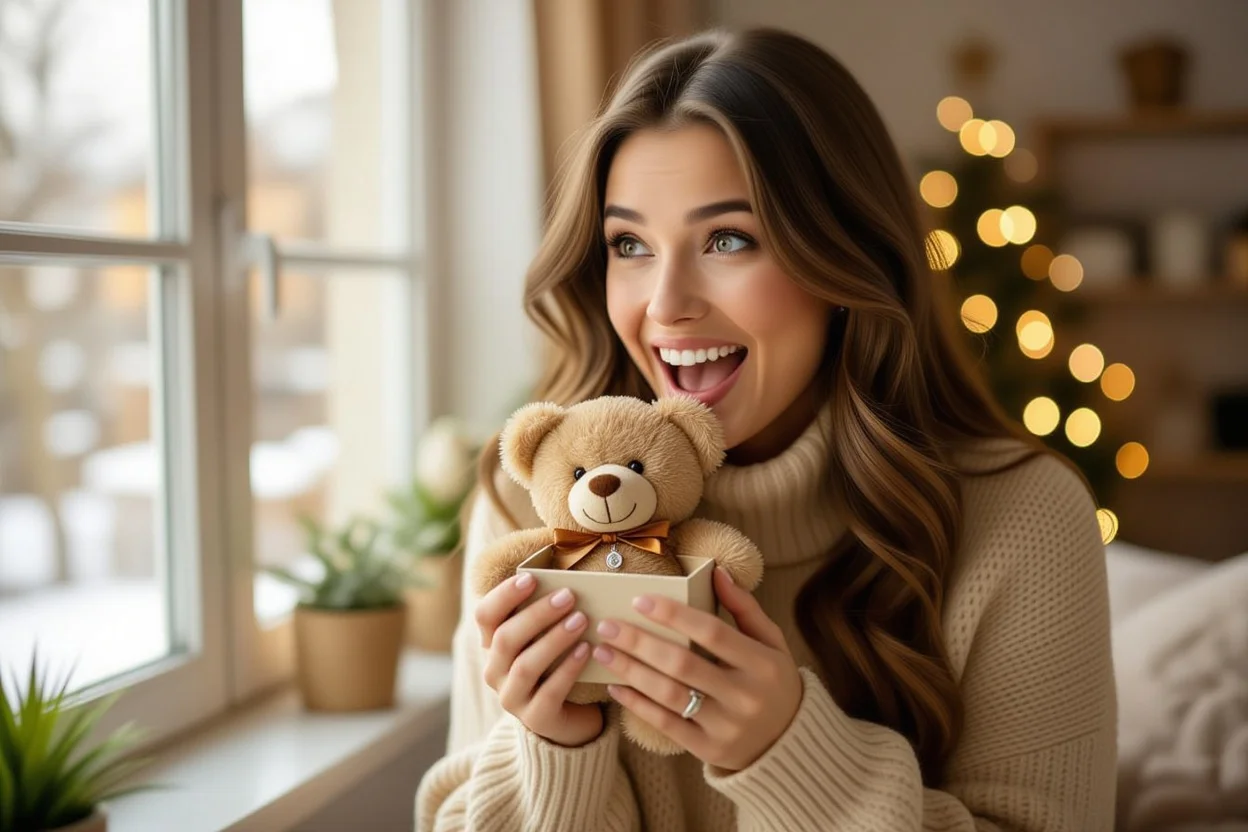 Woman surprised by teddy bear gift discovering hidden necklace romantic moment