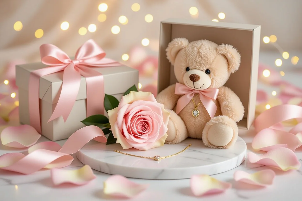 Romantic gift arrangement with teddy bear preserved rose and jewelry for surprise occasions