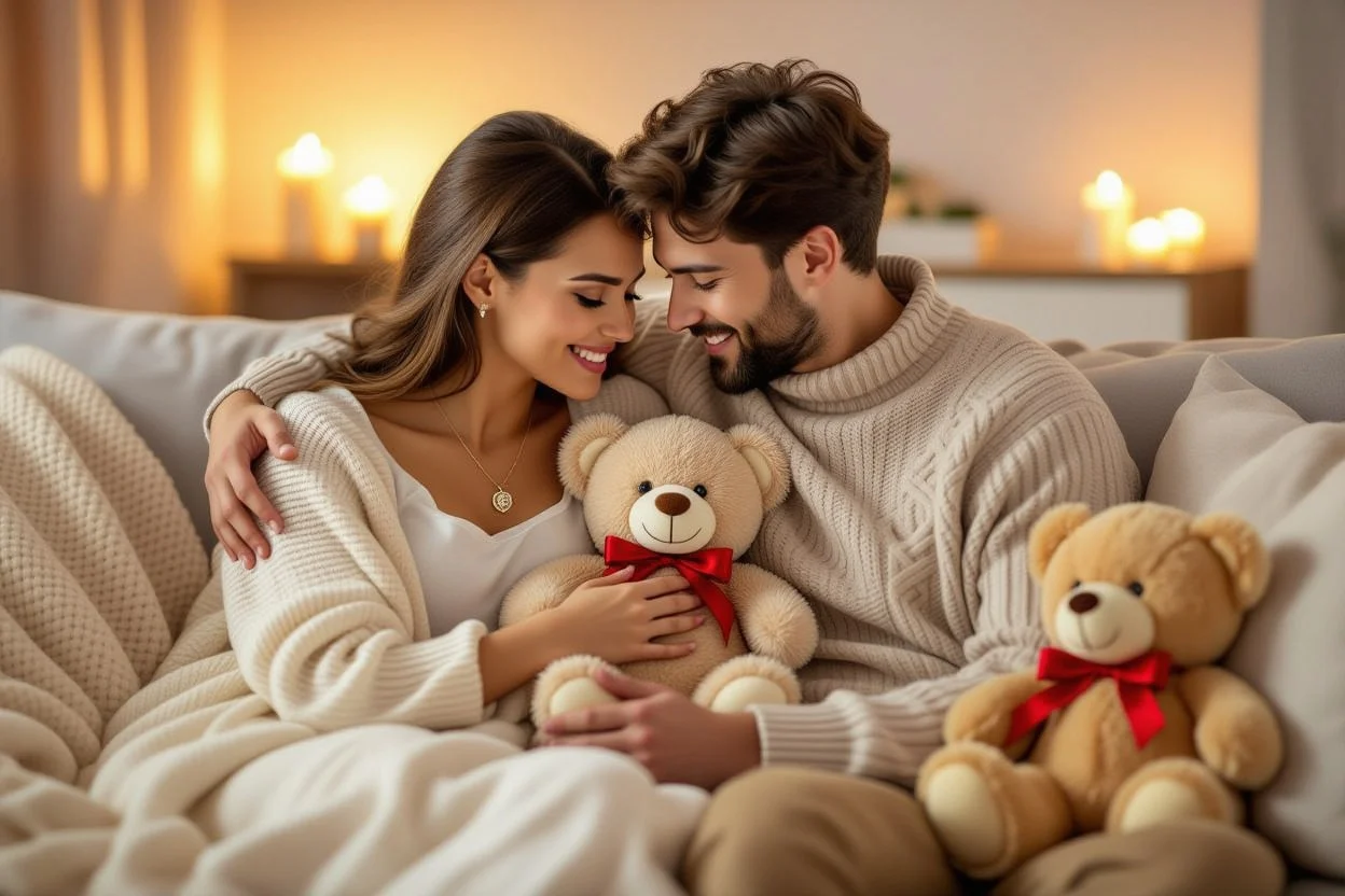Couple enjoying romantic teddy bear gift moment with necklace and preserved rose