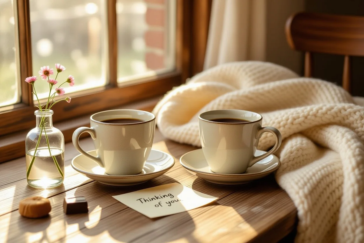 Romantic morning coffee scene with thoughtful love note and intimate touches for couples