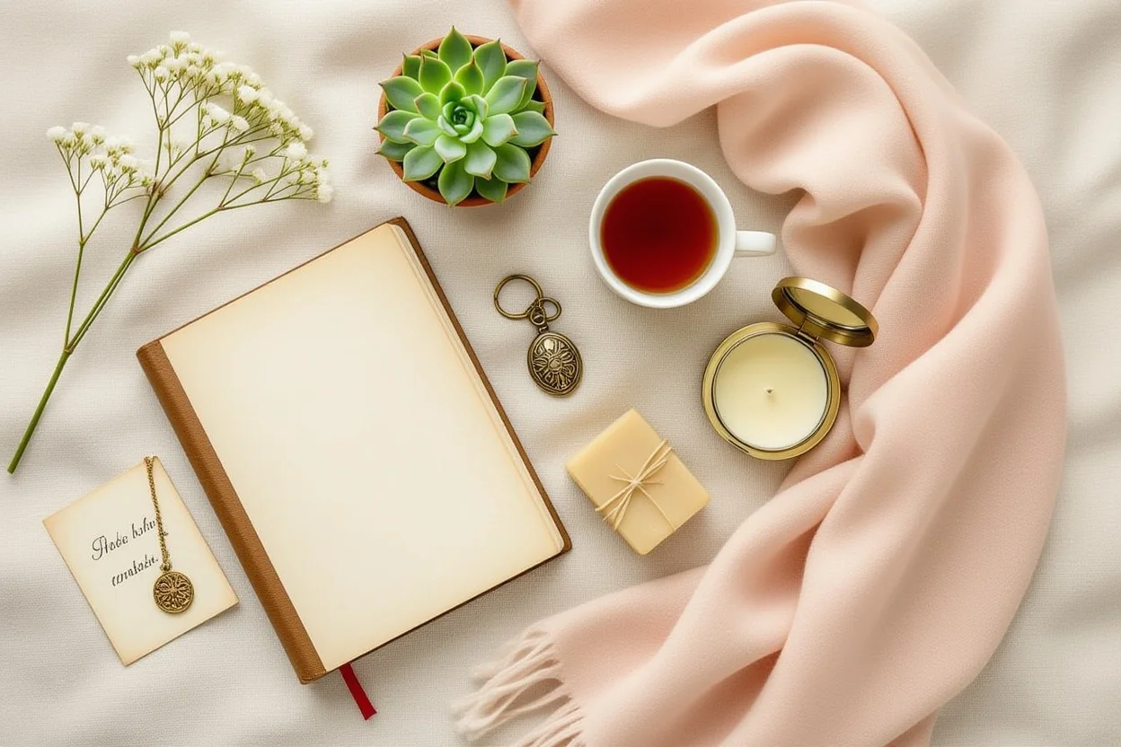 Collection of thoughtful romantic gifts for her including journal, plants, and personal accessories