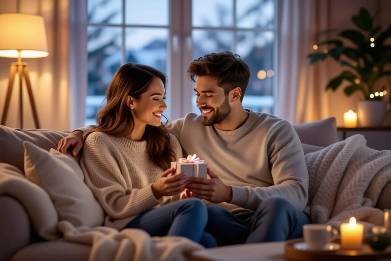 Intimate couple moment with romantic gift exchange in cozy home setting