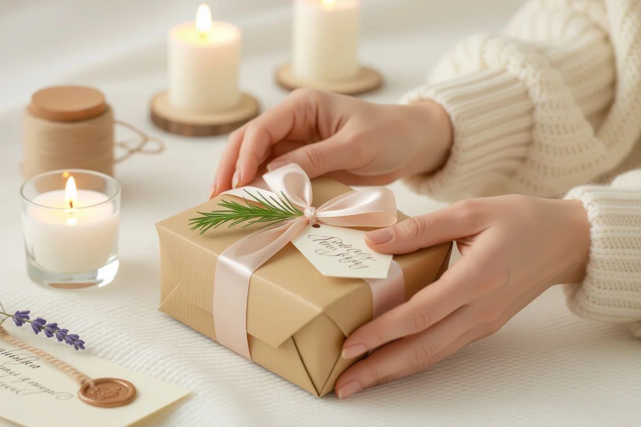 Close-up of elegant romantic gift wrapping with thoughtful details and natural elements
