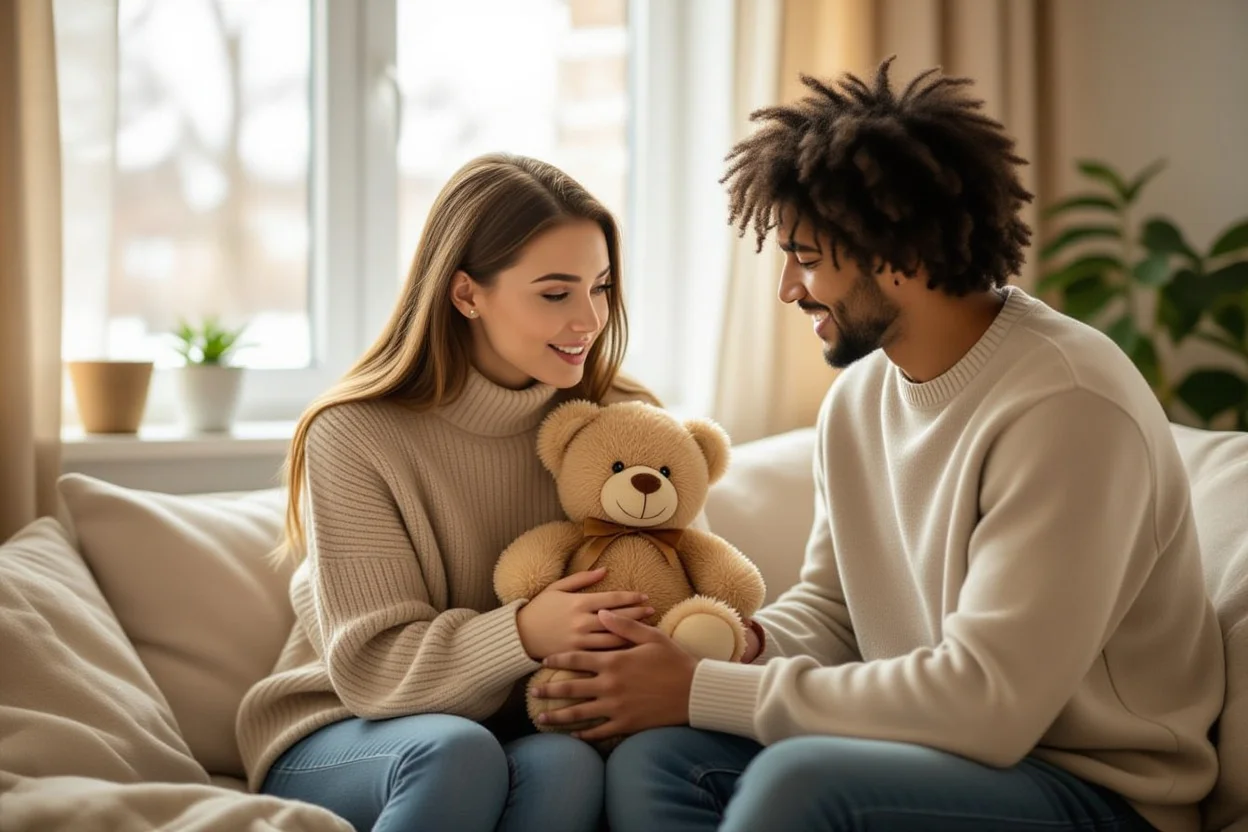 Romantic gift giving moment couple teddy bear surprise present