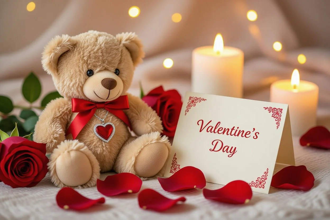 Valentine's Day romantic gifts teddy bear necklace roses candlelight