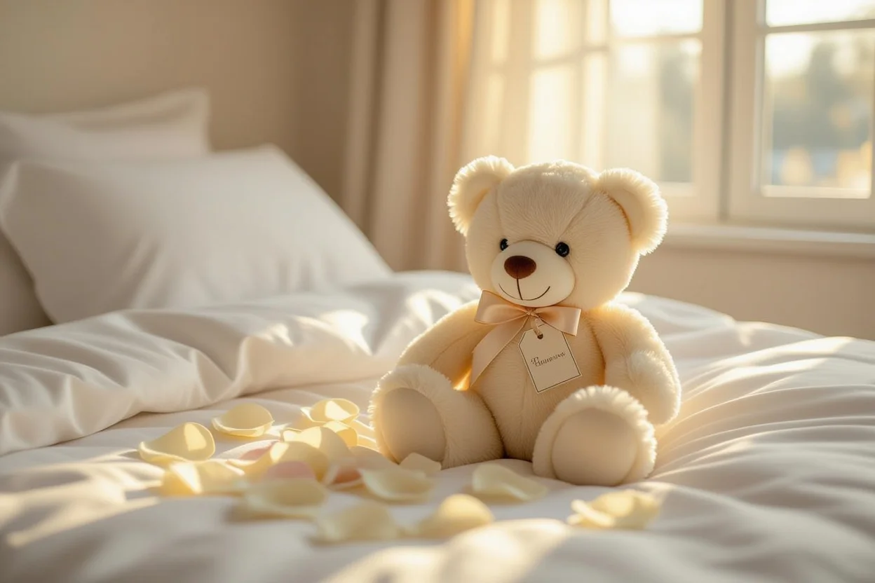 Romantic surprise teddy bear gift on bed with rose petals and warm lighting