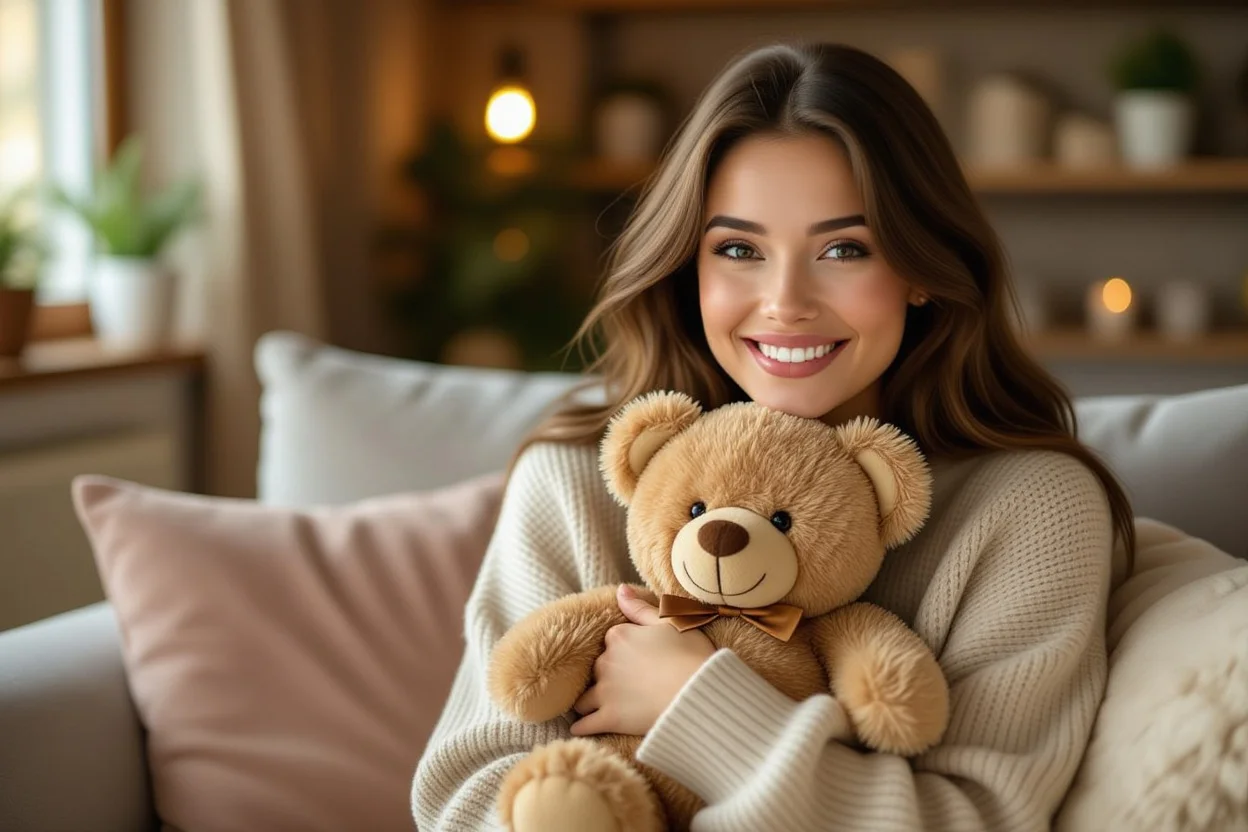 Happy woman receiving surprise teddy bear gift showing genuine joy and appreciation