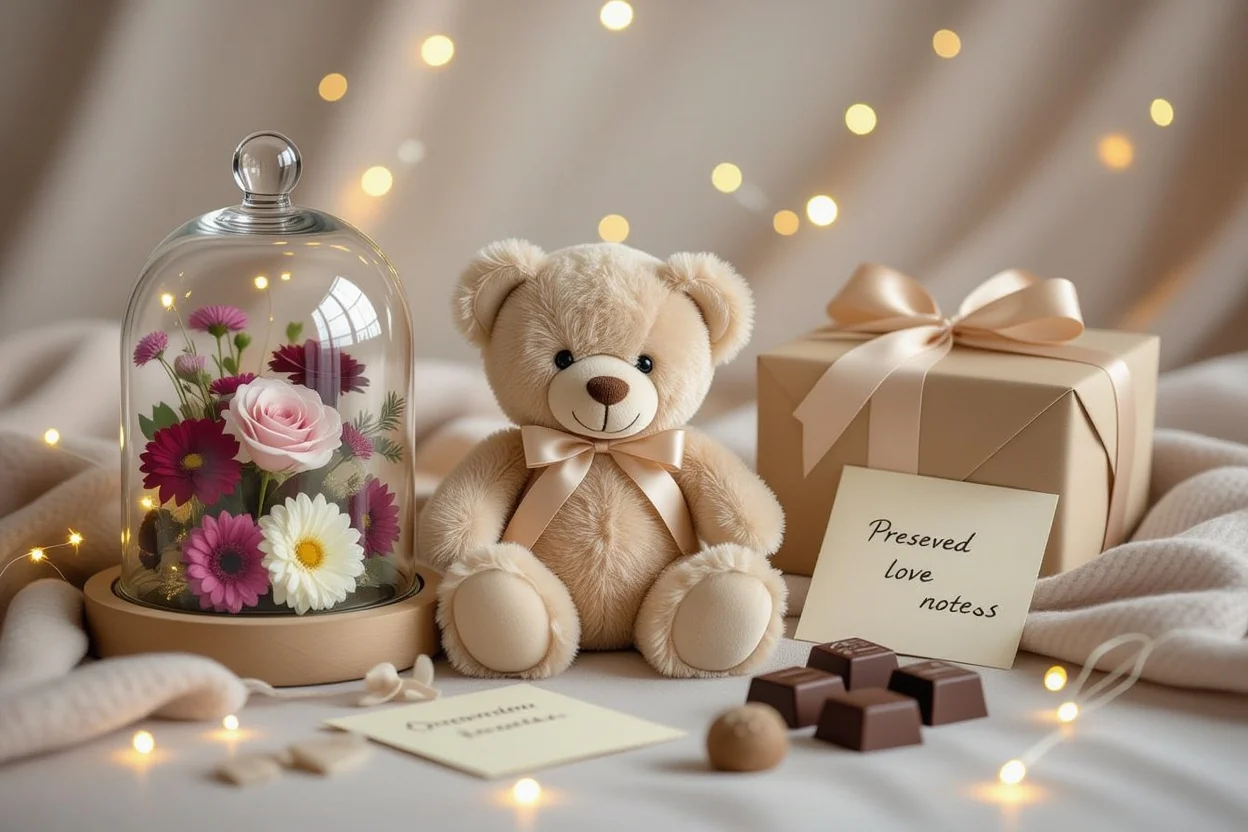 Romantic gift arrangement with teddy bear preserved flowers and love notes flat lay