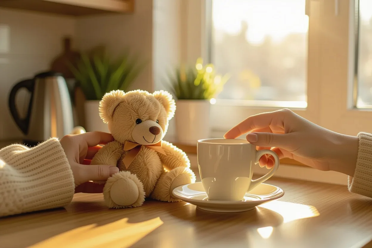 Hands placing surprise teddy bear gift next to morning coffee showing everyday romance