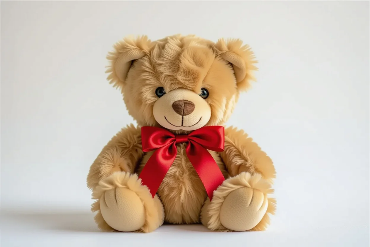 Mountova Bear appreciation gift with red ribbon on white background