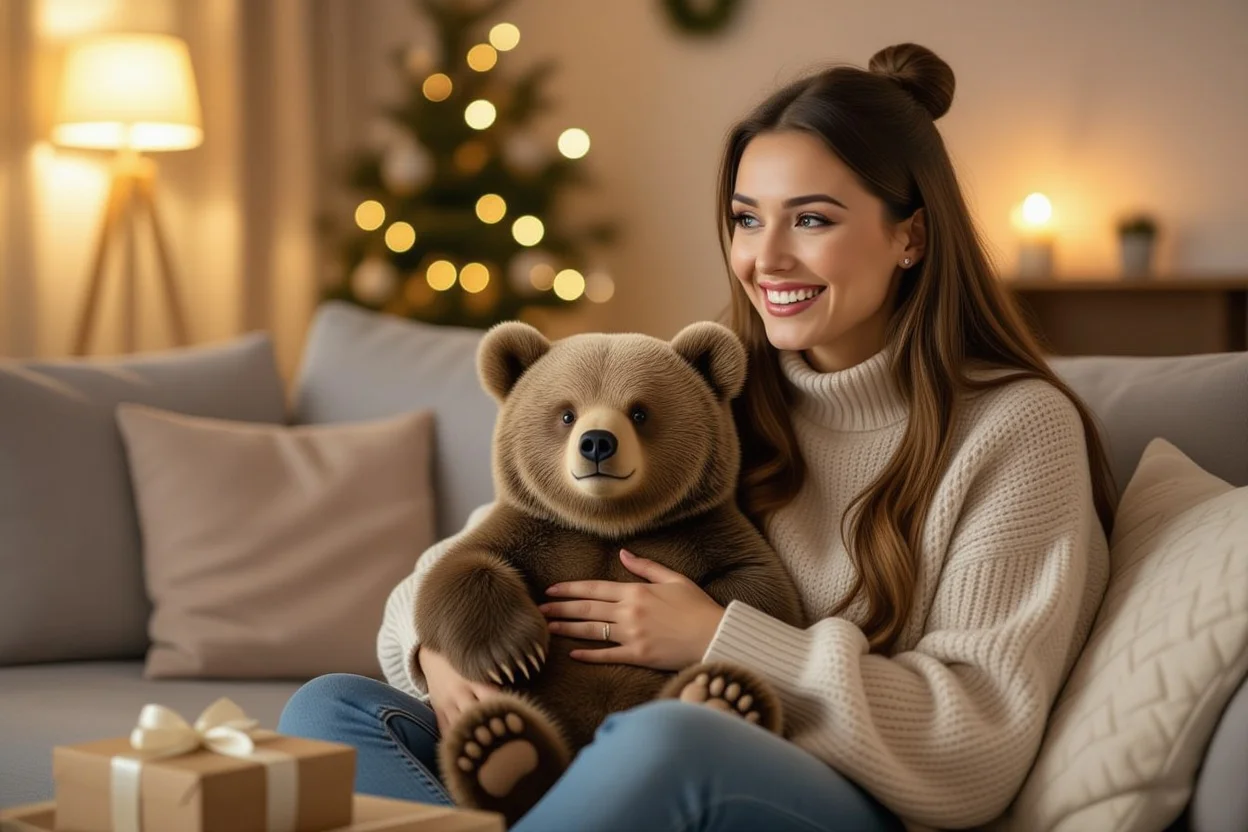 Woman receiving Mountova bear as surprise appreciation gift in cozy living room