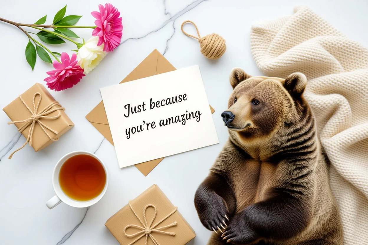 Mountova bear gift arrangement with flowers and appreciation note flat lay