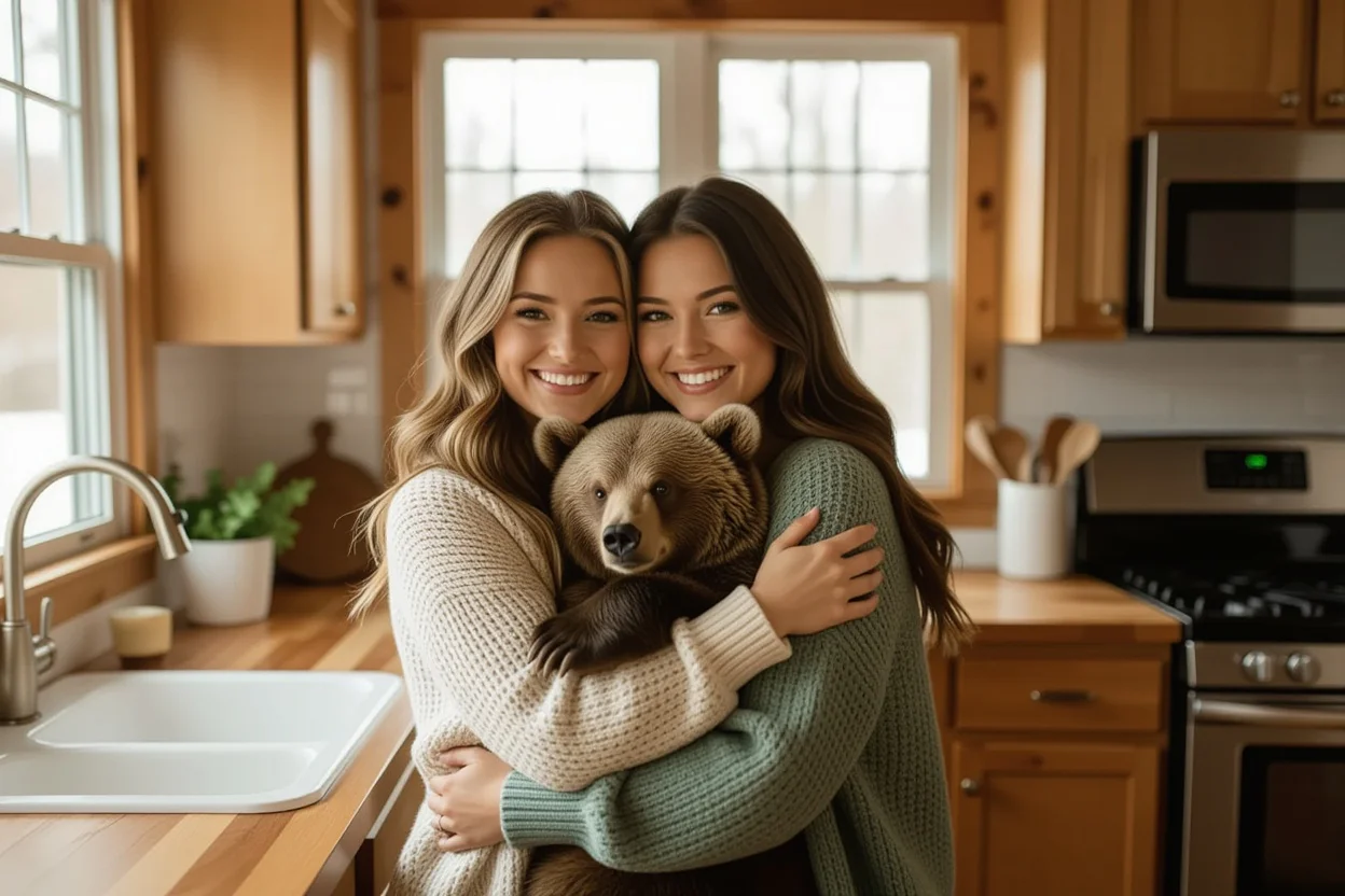 Two sisters sharing appreciation moment with Mountova bear gift in kitchen