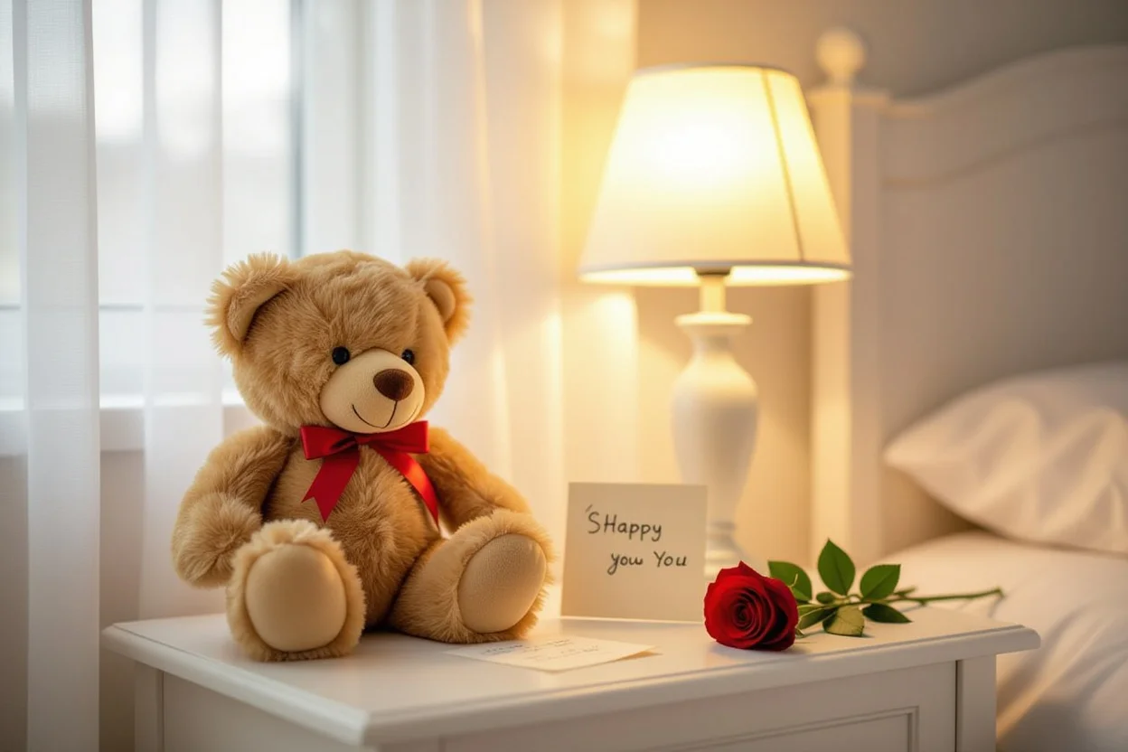 Romantic teddy bear gift surprise on bedside table with rose and love note
