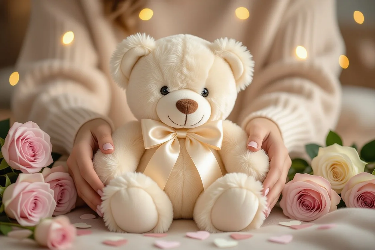 Hands holding soft cream teddy bear with preserved roses and romantic lighting