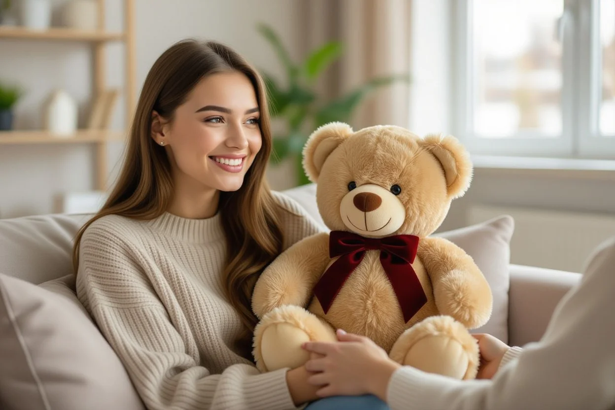 Happy woman receiving surprise teddy bear gift showing genuine joy and connection
