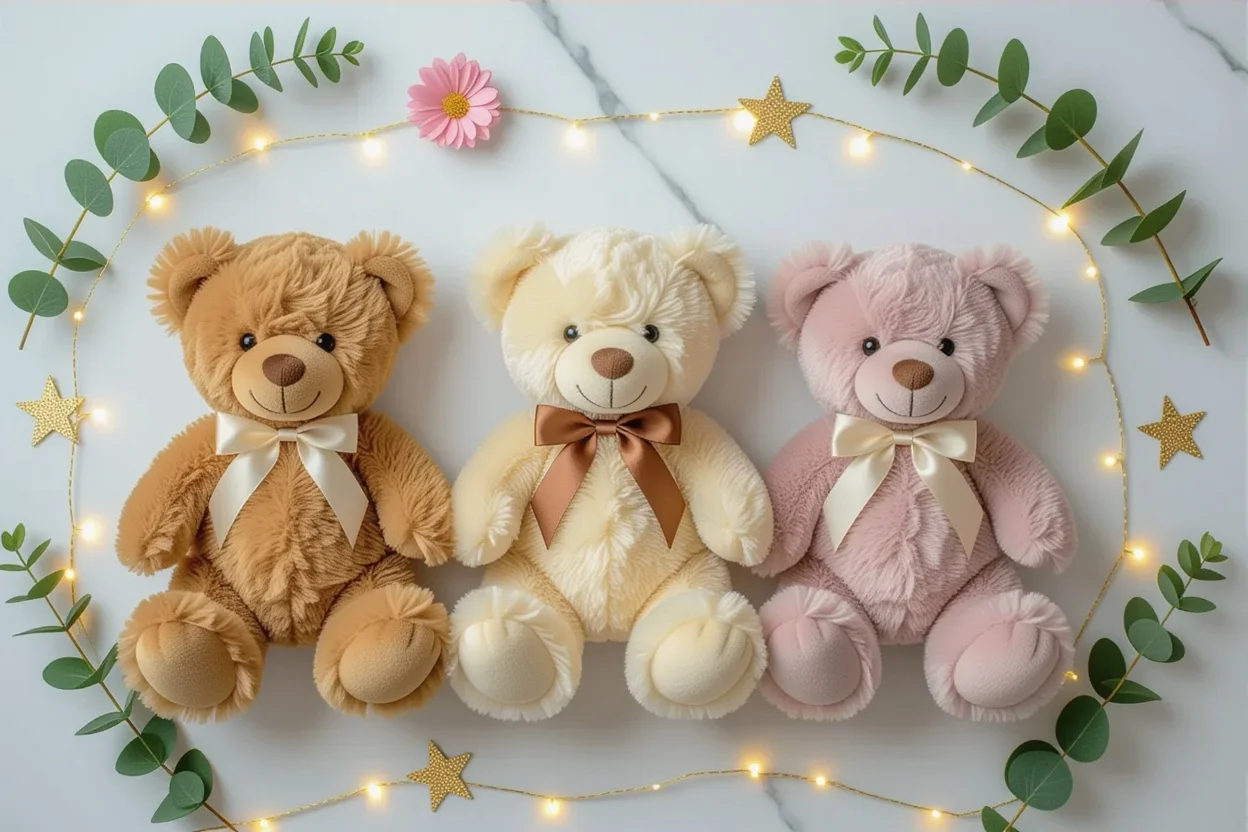 Elegant flat lay of assorted teddy bear gifts with flowers and fairy lights