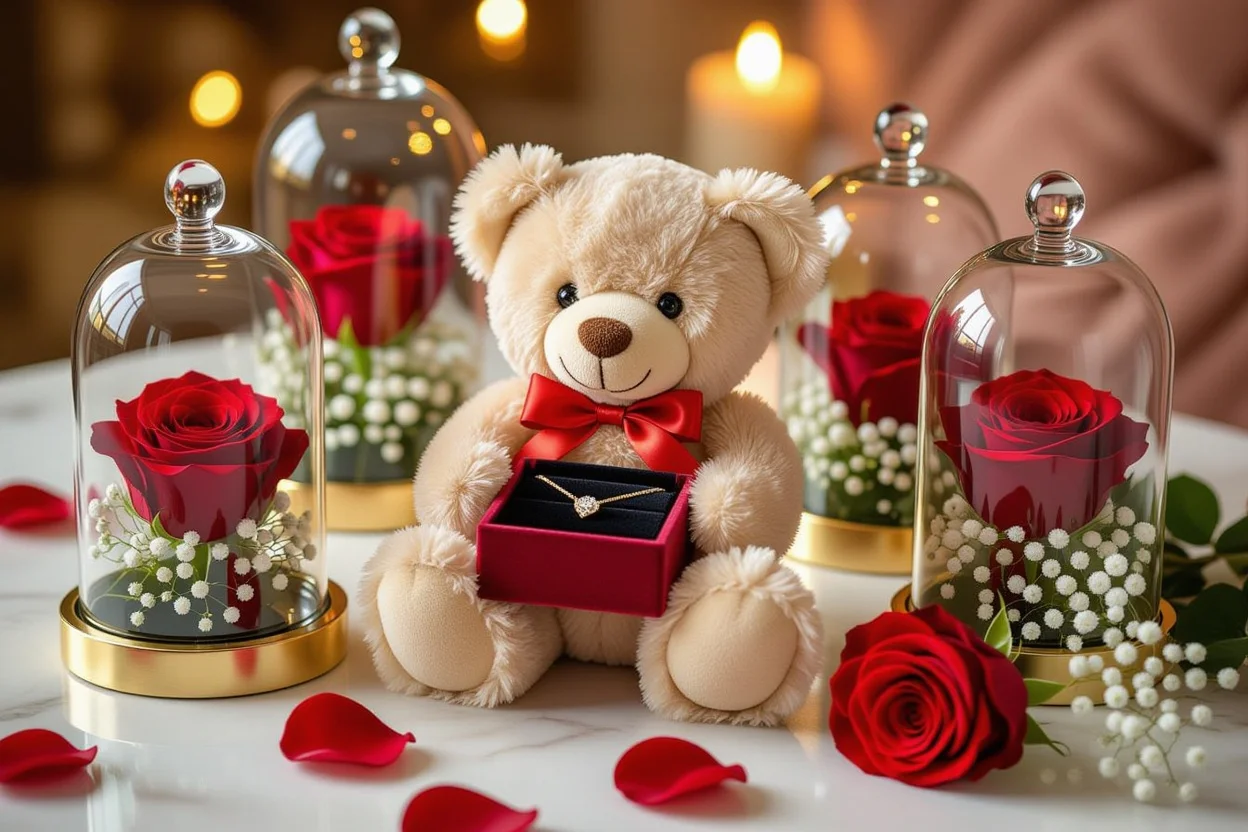 Romantic teddy bear gift with hidden necklace and preserved flowers arrangement
