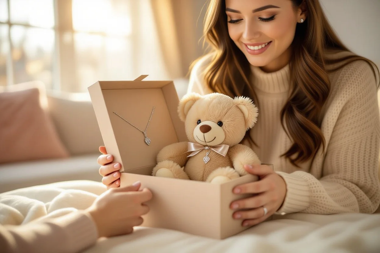 Woman receiving surprise romantic teddy bear gift with hidden necklace on ordinary day