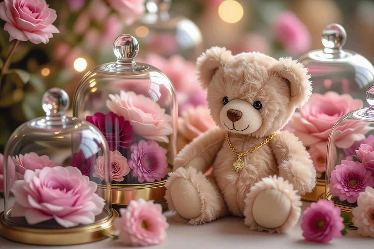Detailed view of romantic teddy bear with necklace and preserved flower collection