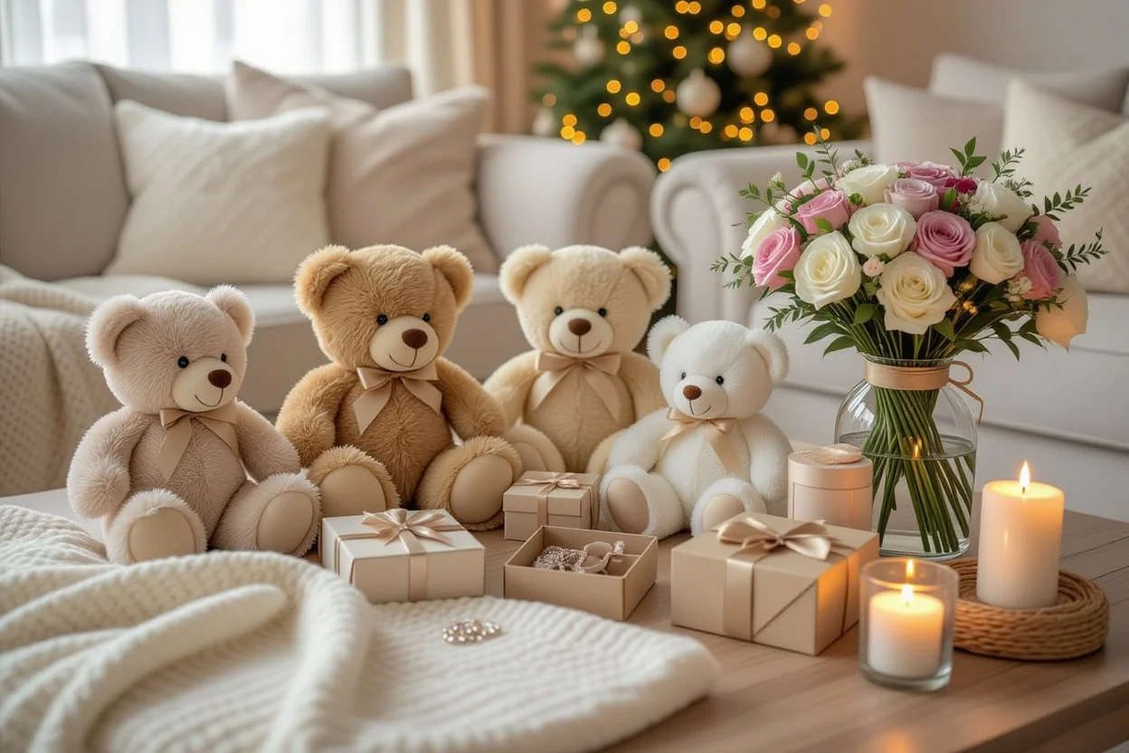 Romantic gift display with teddy bears, preserved flowers and jewelry for spontaneous surprises