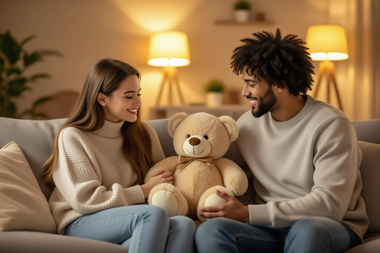 Boyfriend surprising girlfriend with teddy bear gift on ordinary day at home