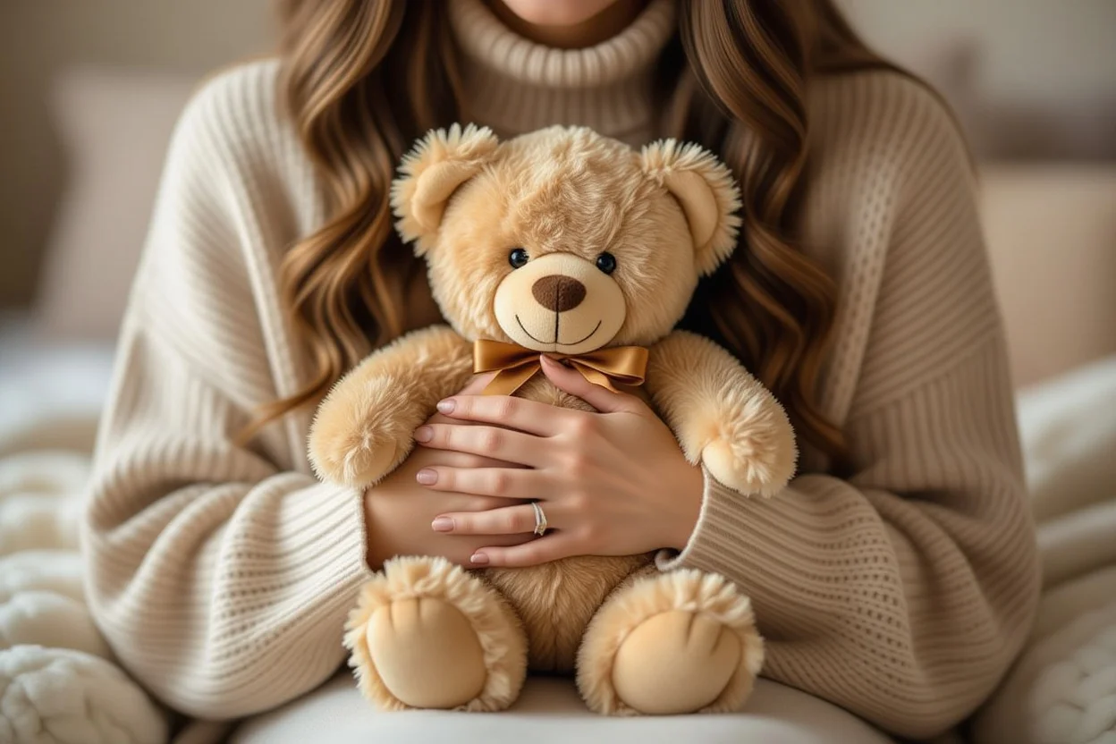 Woman tenderly holding cherished teddy bear gift showing lasting emotional connection