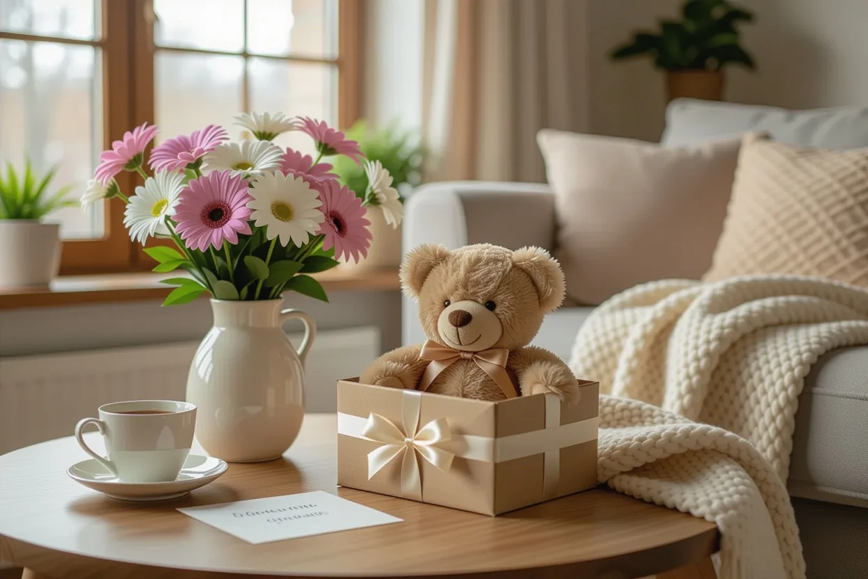 Thoughtfully presented teddy bear gift with flowers in romantic home setting