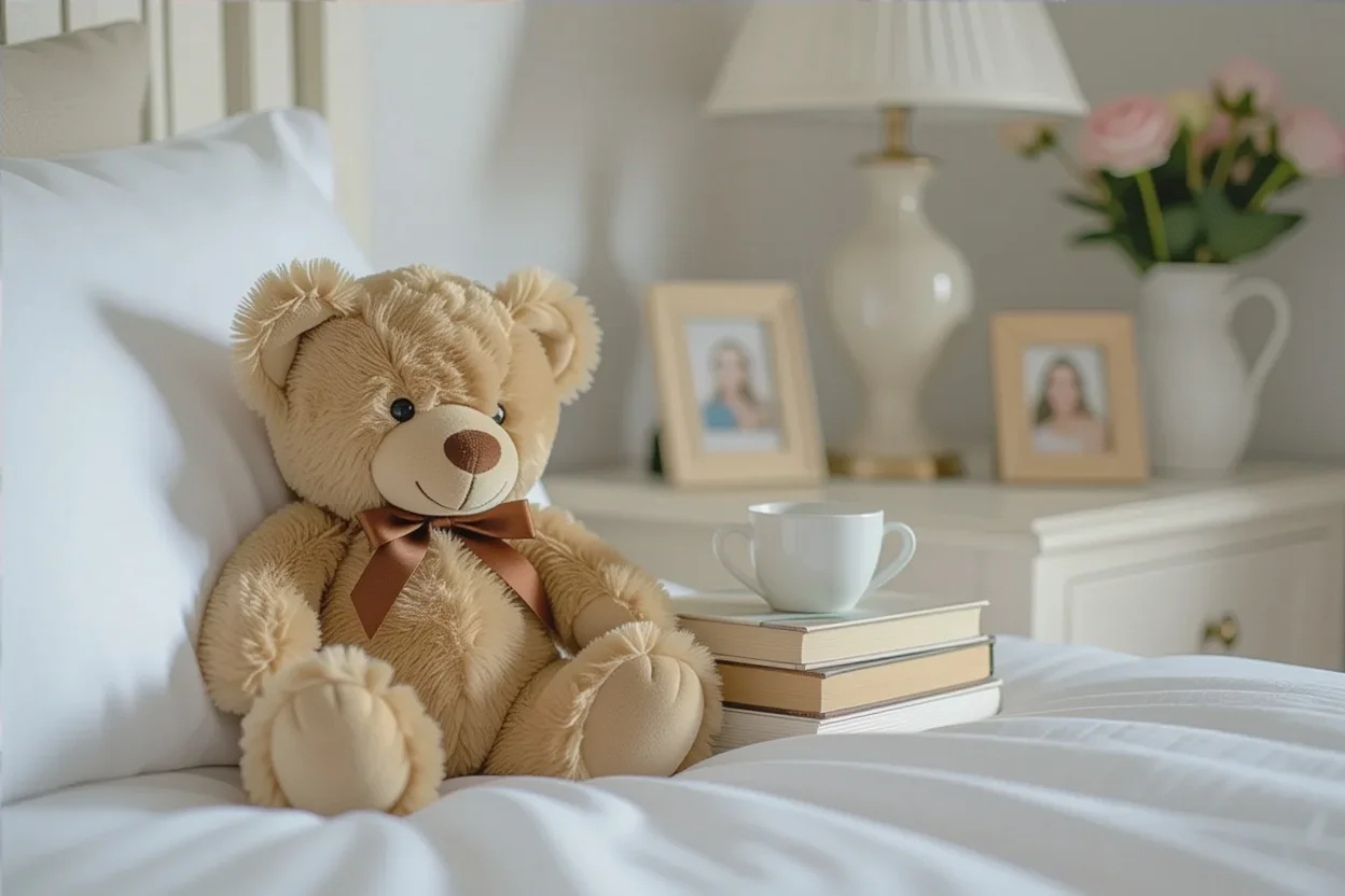 Cherished teddy bear gift displayed in bedroom showing lasting place in recipient's life