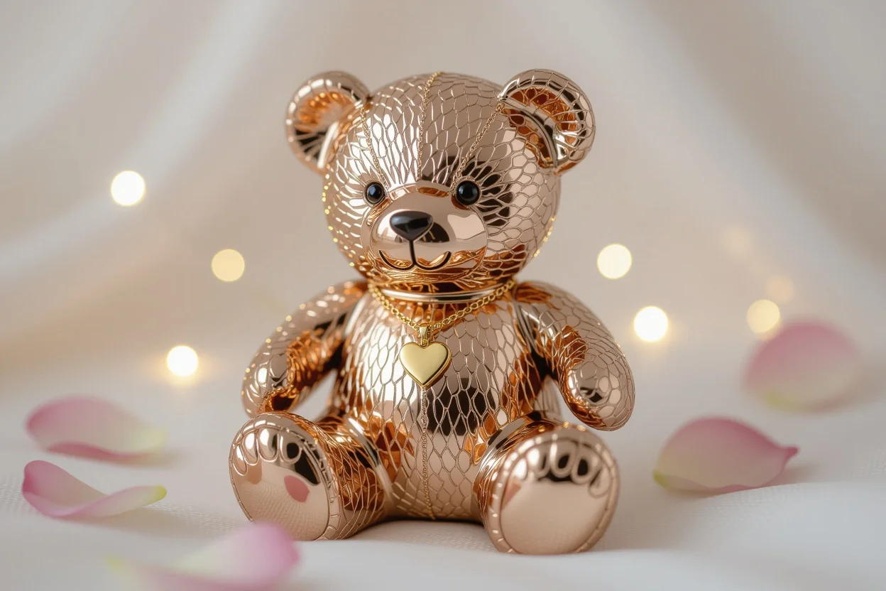 Elegant metallic teddy bear with hidden gold heart necklace surprise romantic gift