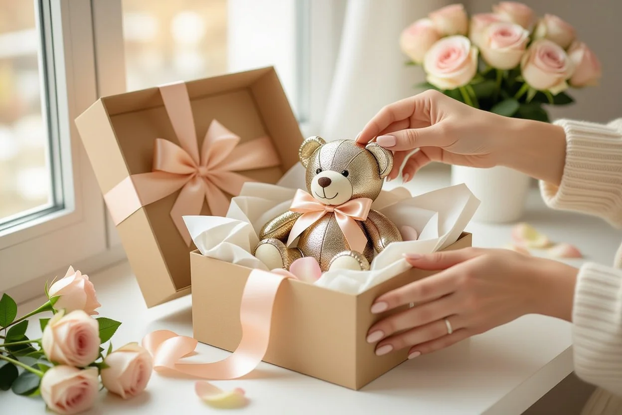 Woman opening surprise gift box revealing romantic teddy bear with hidden jewelry
