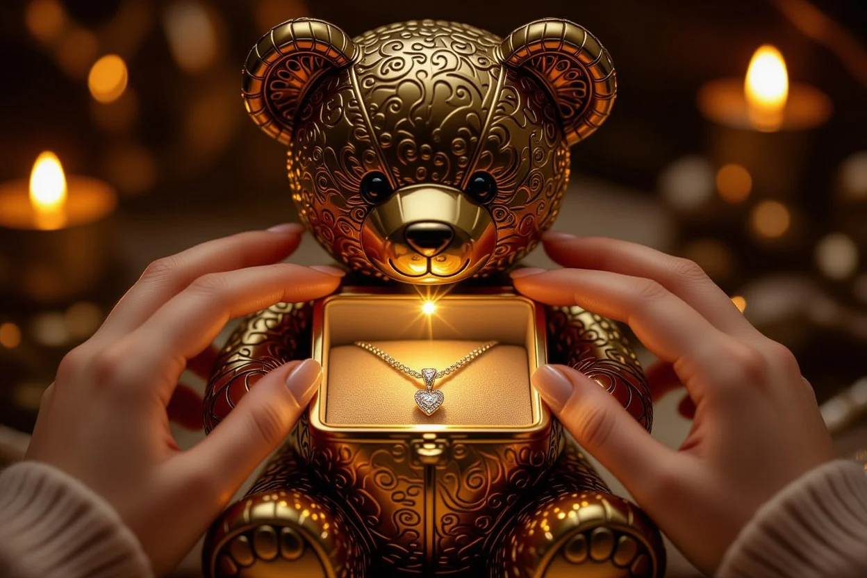 Hands discovering hidden necklace surprise inside metallic teddy bear romantic gift