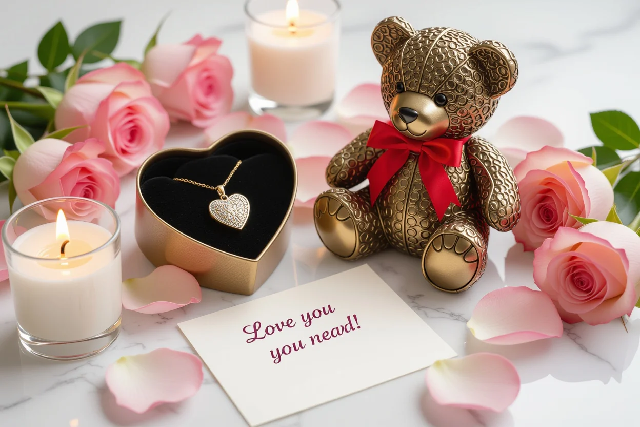 Romantic flat lay composition with teddy bear hidden necklace gift and rose petals