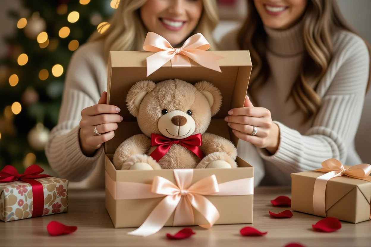 Woman receiving surprise teddy bear gift showing amazement and joy