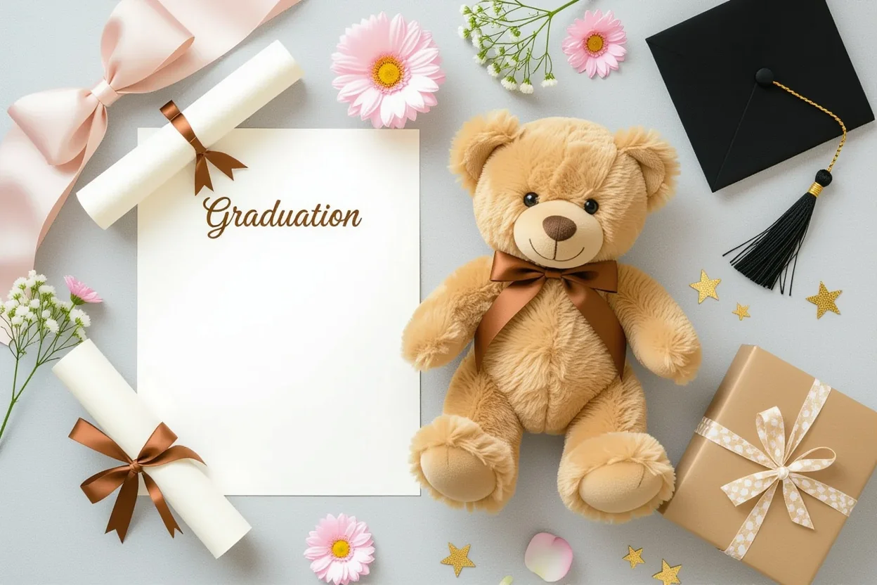 Graduation celebration surprise gift featuring teddy bear and romantic elements