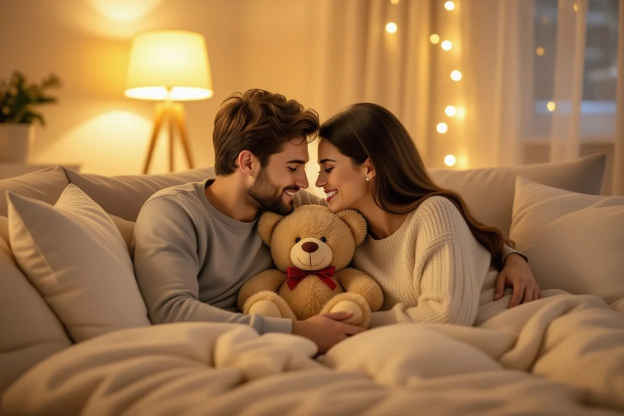 Romantic couple sharing intimate moment with teddy bear surprise gift