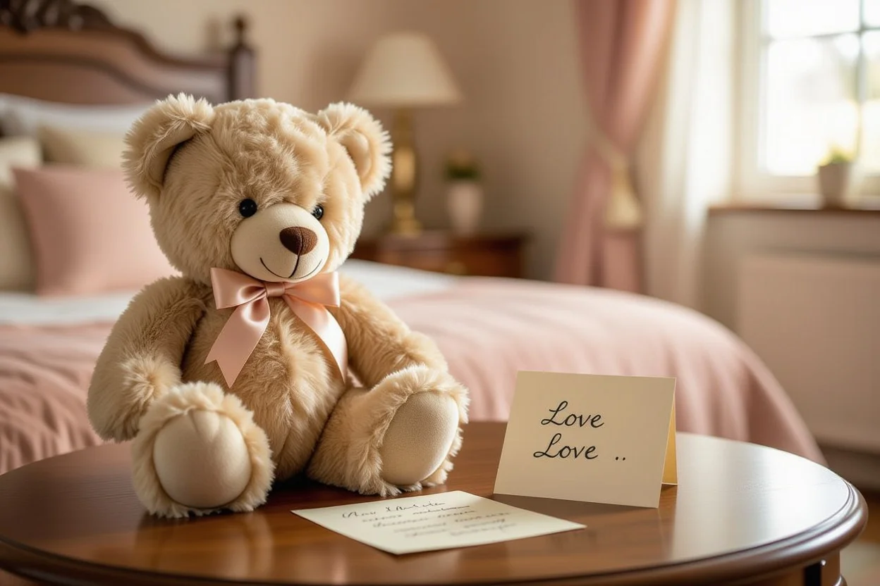 Premium quality teddy bear romantic gift with handwritten love note on wooden table