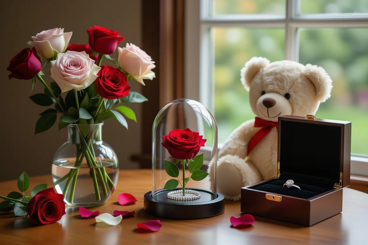 Comparison of wilted temporary flowers versus lasting romantic gifts including preserved roses and quality teddy bear