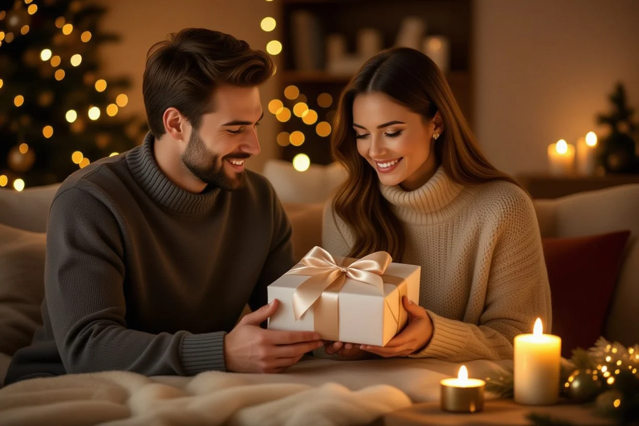 Couple sharing intimate romantic gift-giving moment with thoughtfully wrapped present in cozy home setting