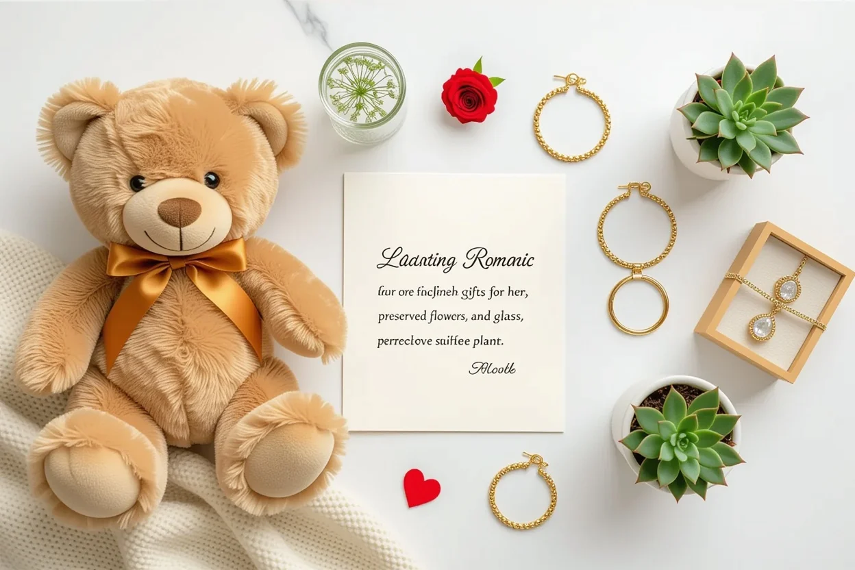 Elegant flat lay display of lasting romantic gifts including luxury teddy bear preserved flowers and quality jewelry