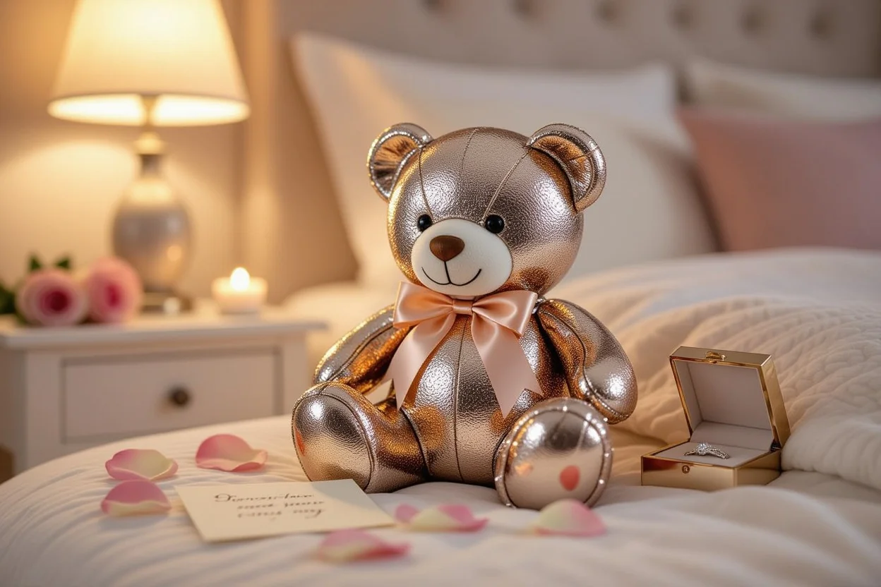 Elegant metallic teddy bear romantic gift on bedside table with rose petals and love note