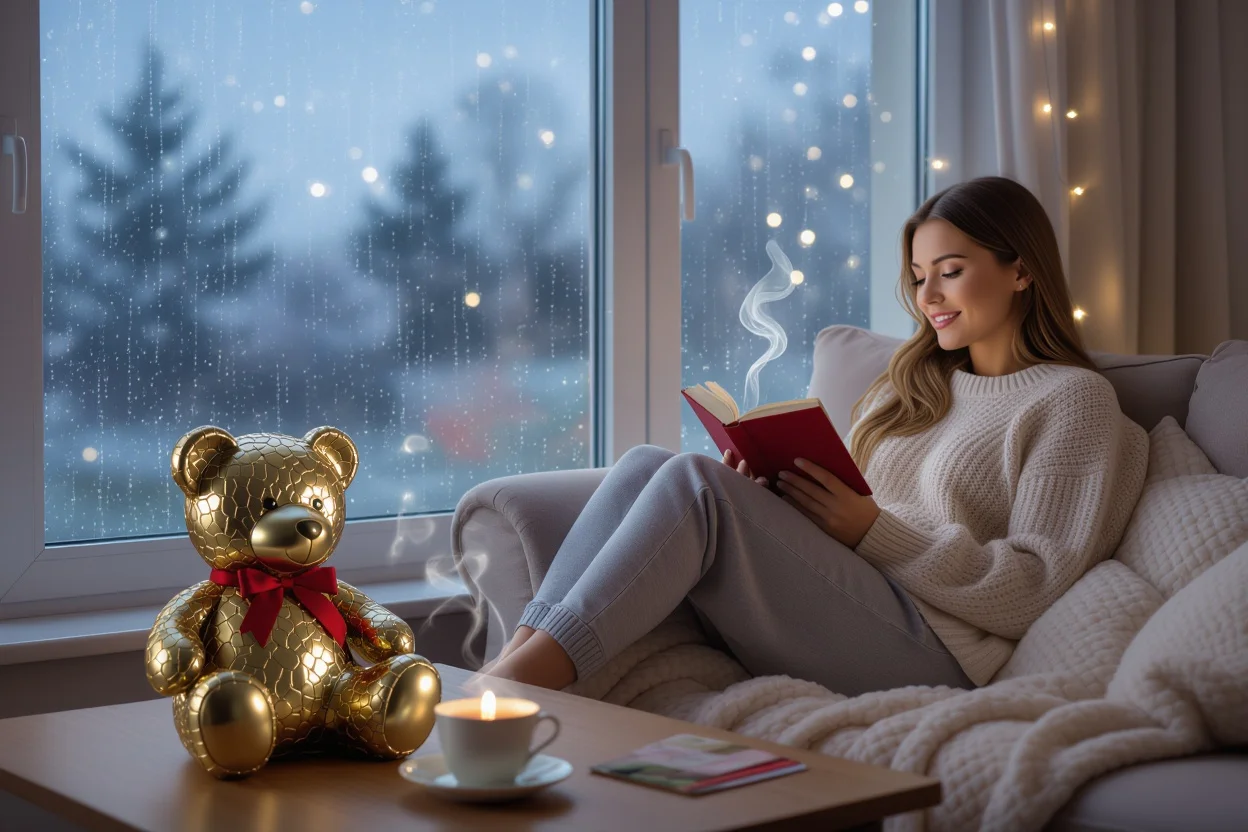 Cozy rainy day reading scene with romantic teddy bear gift and warm lighting