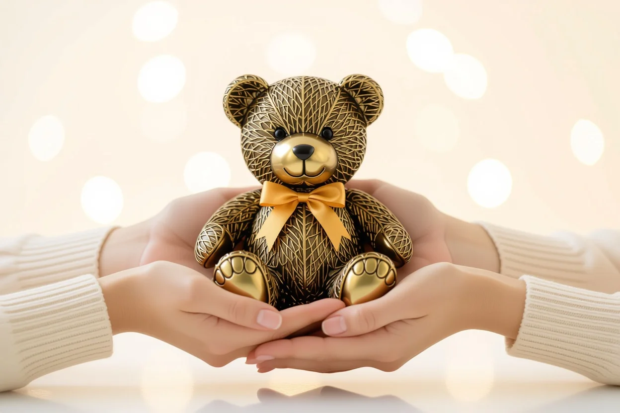 Tender hands presenting romantic metallic teddy bear gift in intimate moment