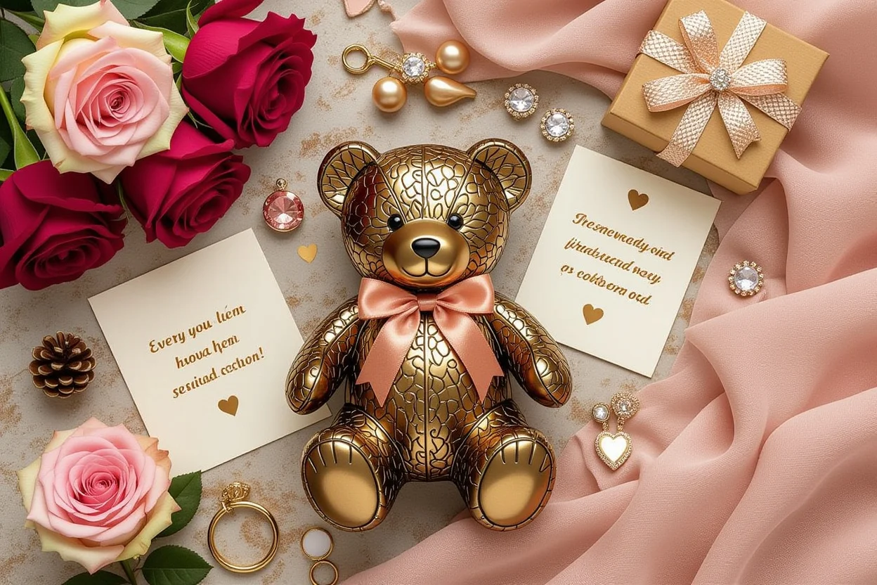 Romantic gift arrangement with metallic teddy bear and preserved flowers for meaningful gifting