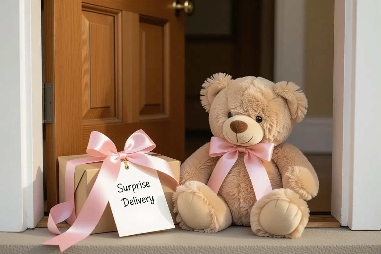 Surprise teddy bear gift delivery on doorstep with ribbon and note for romantic gesture