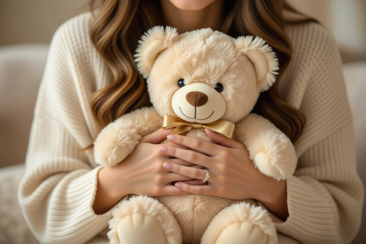 Happy woman holding romantic surprise teddy bear gift showing joy and emotional connection