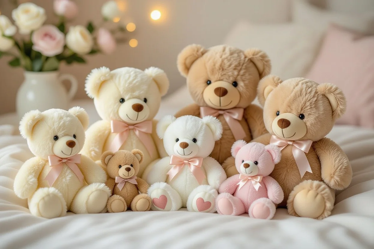 Collection of romantic teddy bear gifts in various sizes and colors for gift guide showcase
