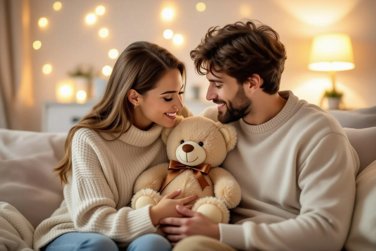 Romantic couple sharing intimate moment with surprise teddy bear gift showing love and affection