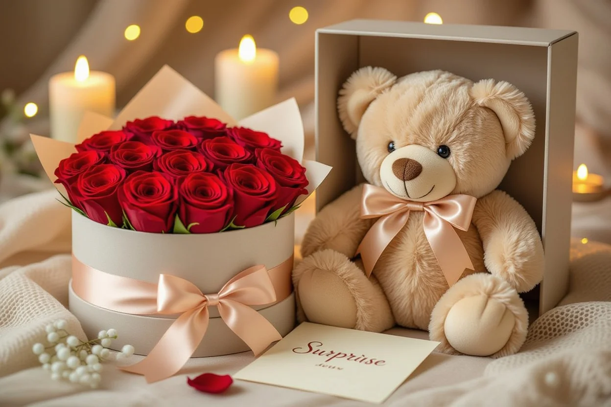 Luxury teddy bear with preserved roses romantic surprise gift arrangement