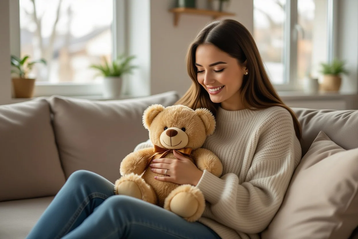 Woman surprised with teddy bear gift on ordinary day showing genuine joy